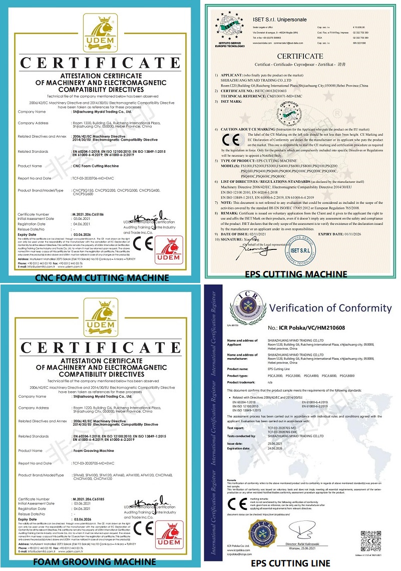 CE certificates for all foam cutting machines